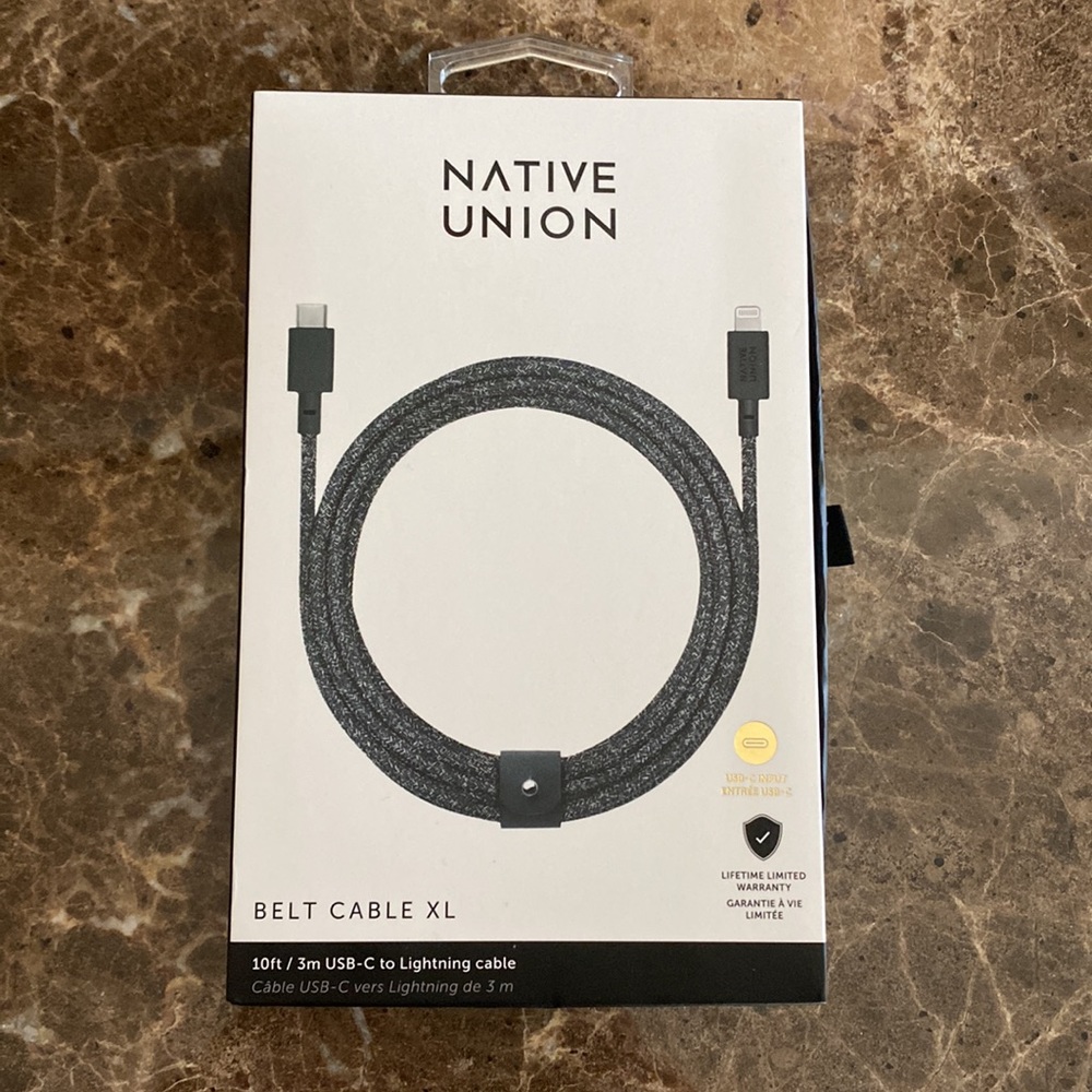 Native Union, 10ft Belt Cable XL, USB-C to Lightning Cable, New in Box unused